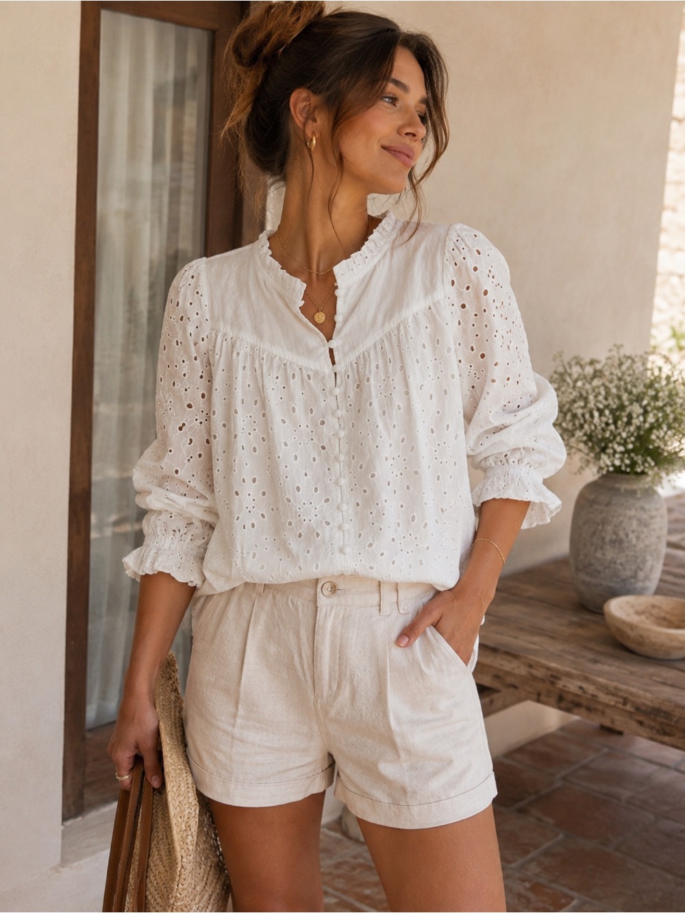 Simple White Eyelet Ruffled Peasant Blouse